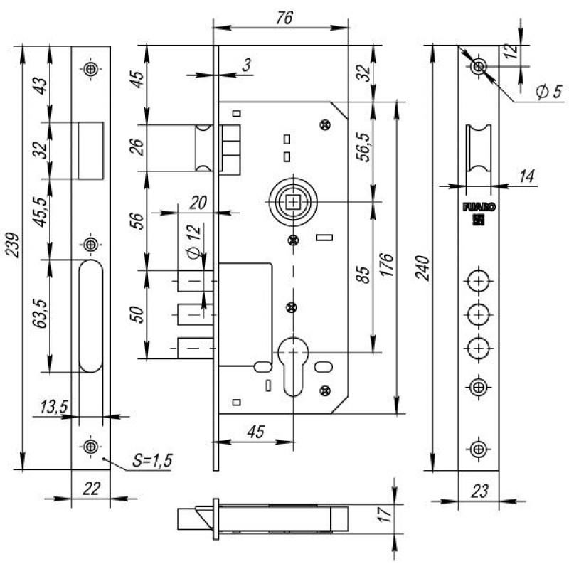 FUARO - Корпус Fuaro (Фуаро) врезного замка с защёлкой DD900/C-45.85.3MR (900 3MR/CP W/B) CP хром