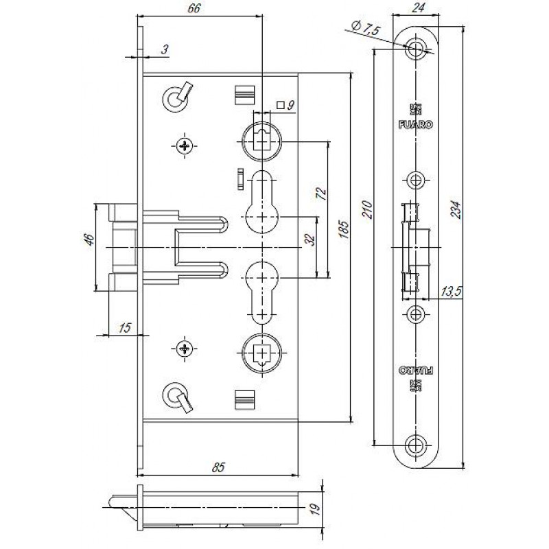 FUARO - Корпус Fuaro (Фуаро) врезного замка c защёлкой FP.C-65.72-0432 (FL-0432)