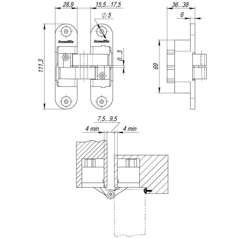 ARMADILLO - Петля Armadillo (Армадилло) скрытой установки U3D6200R SC правая (Architect 3D-ACH 60) мат. хром 60 кг