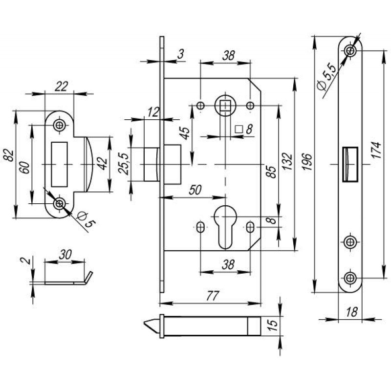 FUARO - Корпус Fuaro (Фуаро) врезного замка c защёлкой PLASTP85C-50 (P85C-50) CP хром