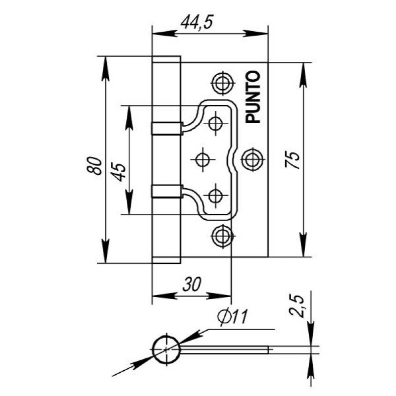 PUNTO - Петля Punto (Пунто) универсальная без врезки IN3200W PB (200-2B 75x2,5) латунь