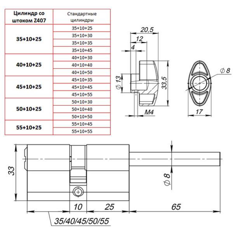 PUNTO - Цилиндровый Punto (Пунто) механизм (Z407/75) Z4007Tang75(40+10+25) со штоком CP хром