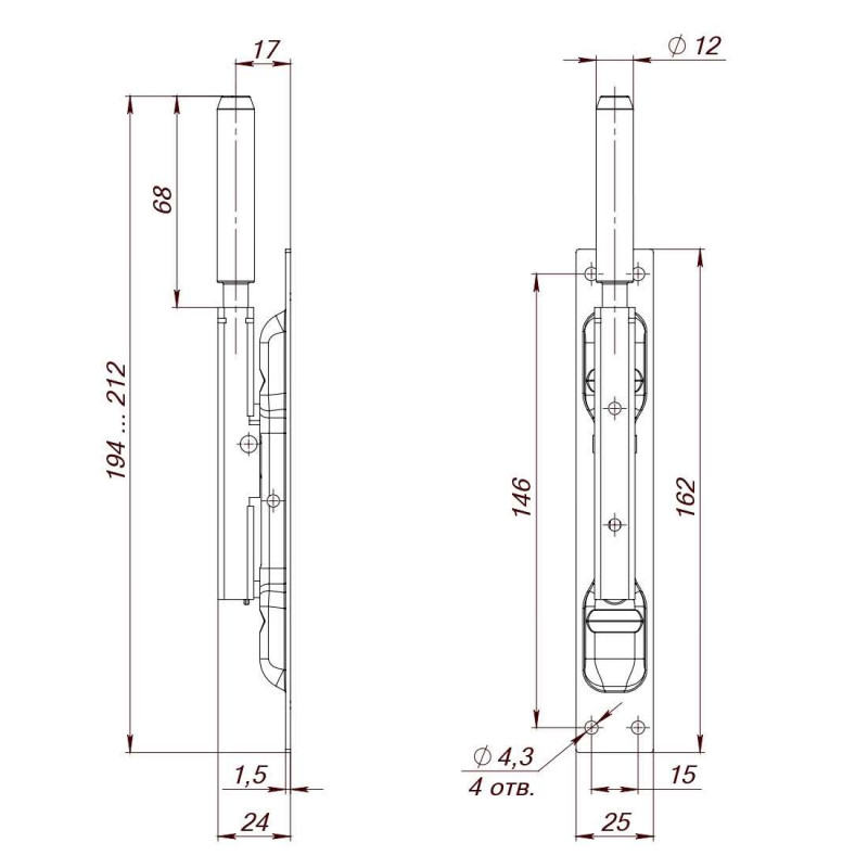 FUARO - Задвижка Fuaro (Фуаро) торцевая RIGEL-set/160 D12x80mm (TDB set 160-24) в комплекте с ригелем