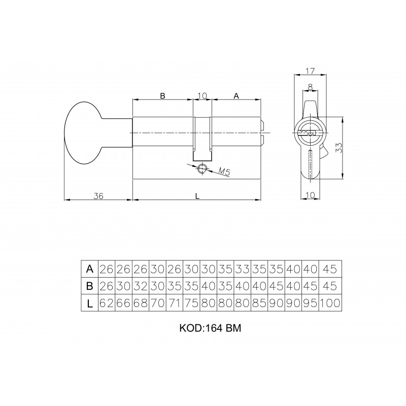 KALEKILIT - Цилиндровый механизм Kale kilit (Кале килит) с вертушкой 164 BM/100 (45+10+45) mm латунь 5 кл.